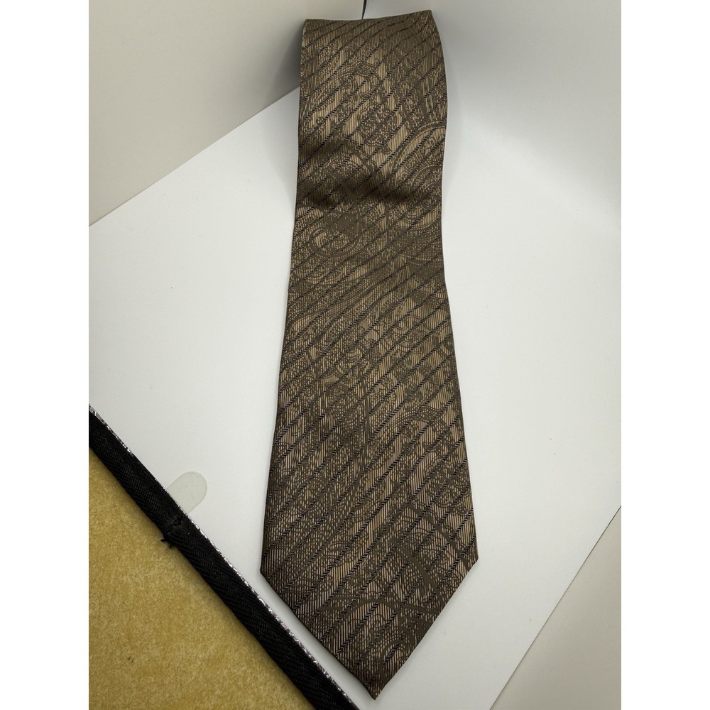 Canali Silk Tie‎ Italy Brown Bronze Paisley Stripe Jacquard Luxury Wide